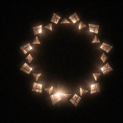 The primary subject of the image is a circle of light, which appears to be a pattern of triangles or a series of small lights. The circle is located in a dark environment, creating a contrast between the light and the surrounding darkness. The visual style of the image suggests that it could be a digital art, illustration, or a pattern created using light sources. The colors and mood of the image are predominantly dark, with the circle of light providing a bright and illuminated focal point.